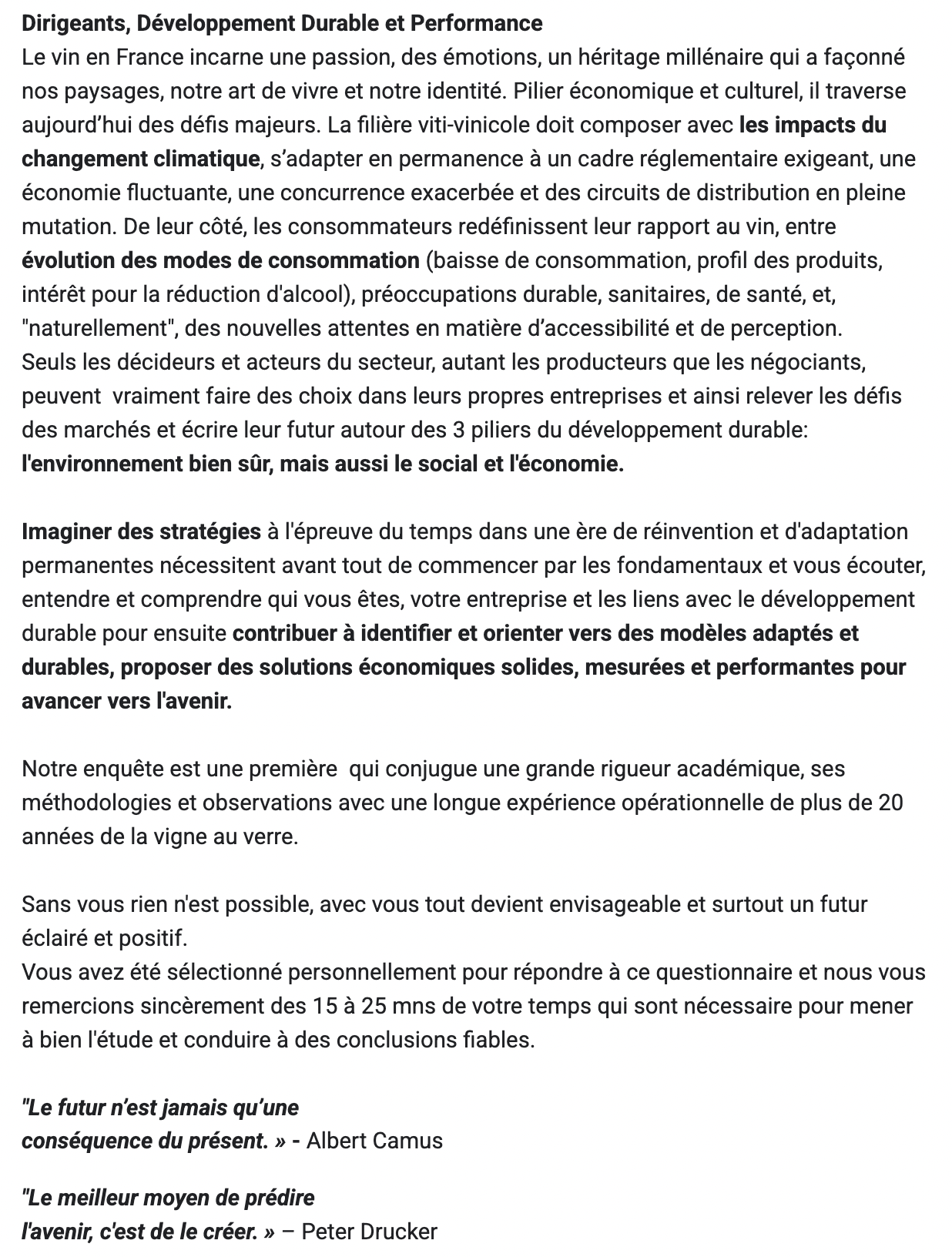 Recherche académique sur les relations entre le profil des dirigeants, l’adoption du développement durable et la performance des entreprises dans le secteur vin en France
